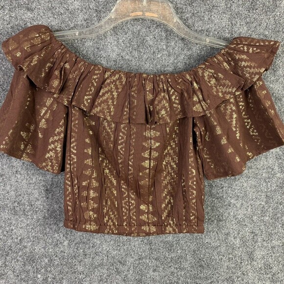 Elan Crop Top Women M Elastic Neck and Hem Short Flare Sleeve Brown Gold - Picture 7 of 11